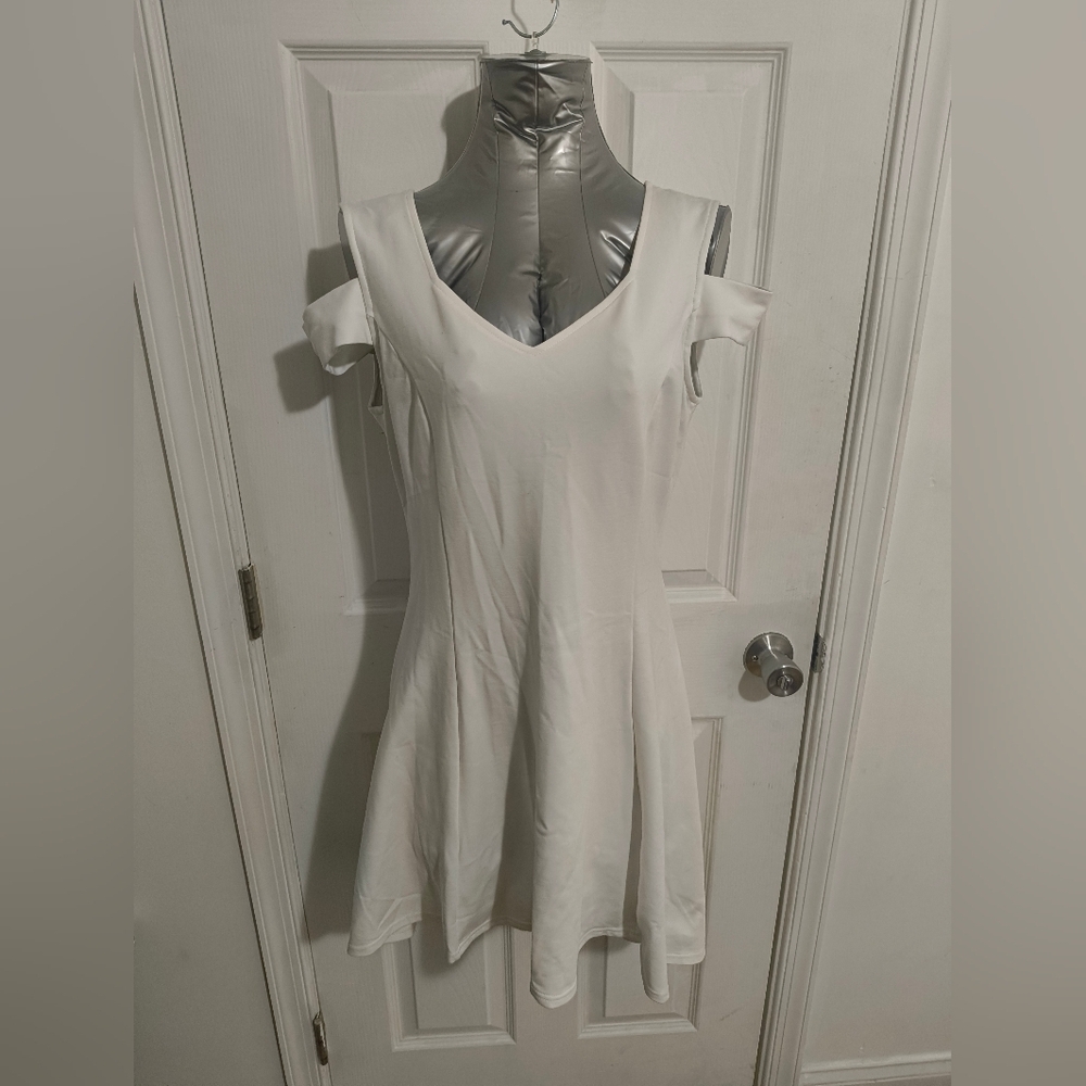 Cream Fit and Flare Mini Dress with Cold Shoulder 37